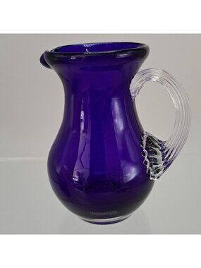 Pilgrim Glass Cobalt Blue Pitcher Clear Ribbed Applied Handle Vintage